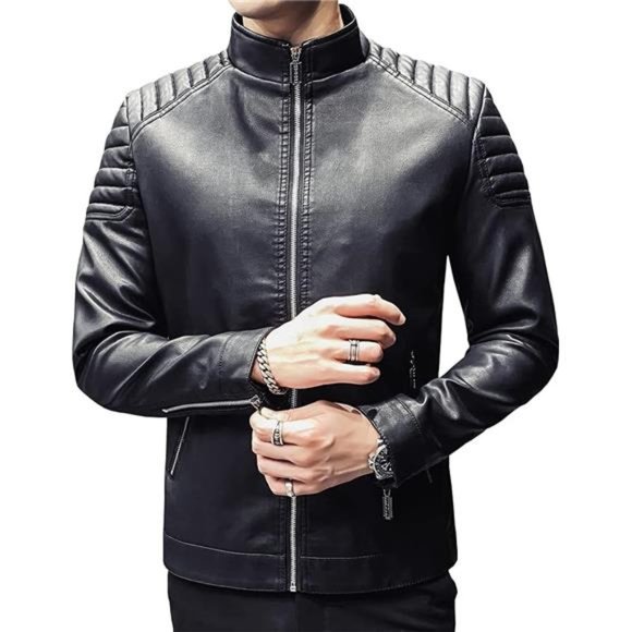 Men's Leather Jackets Slim Stand Collar Zipper Fashion Coat Motorcycle Leather Jacket Mens Coats